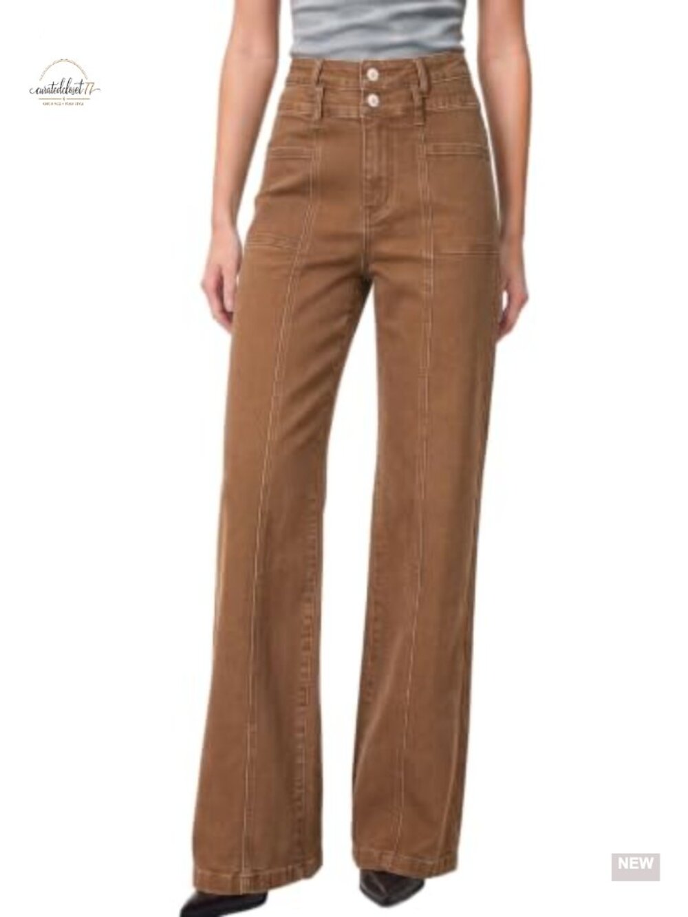 High Waisted Wide Leg Jeans Double Button Tummy Control Stretch Denim